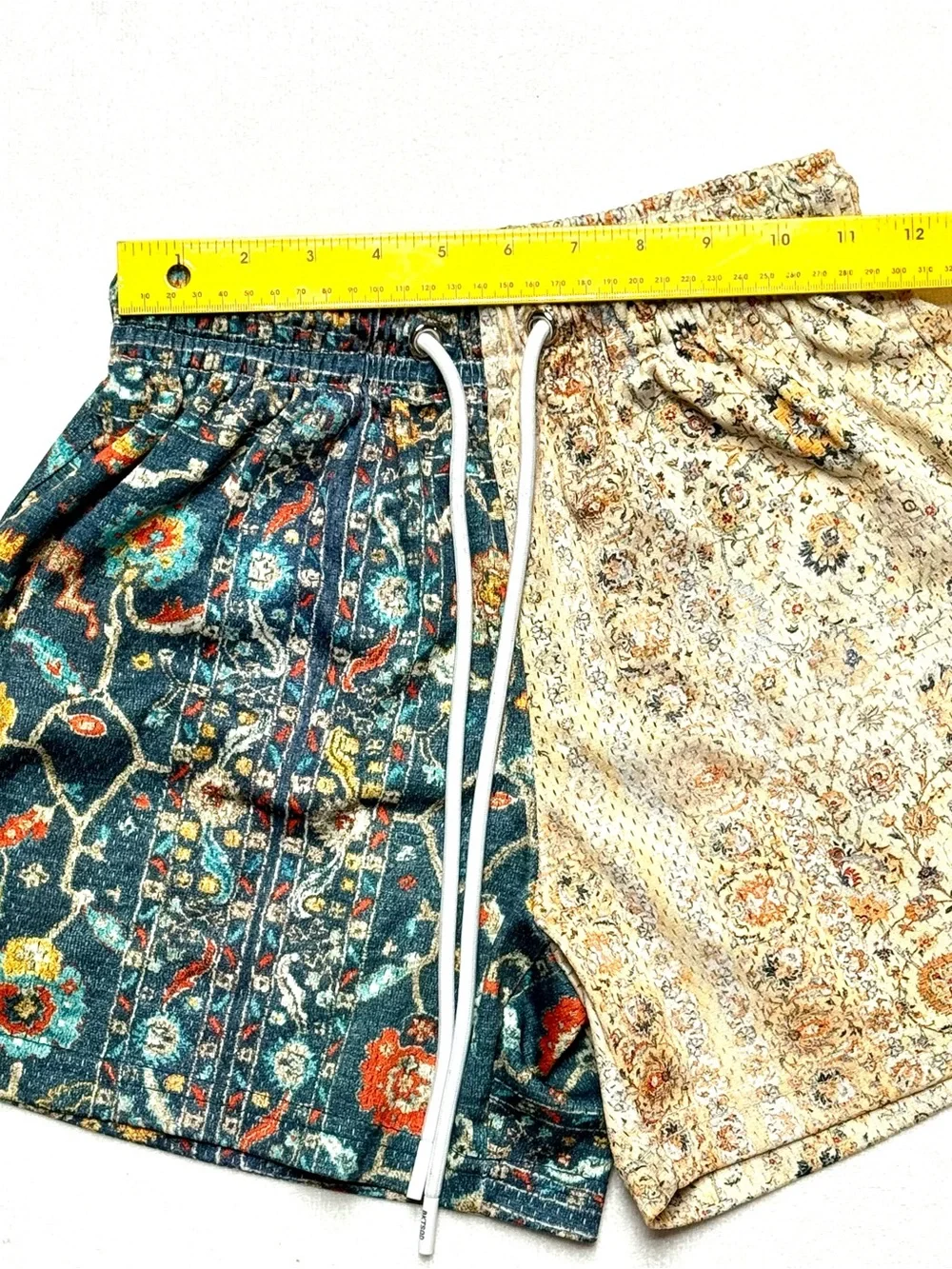 Paisley Split-Panel Athletic Shorts - Teal & Cream